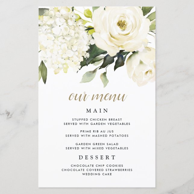 Hydrangea Elegant White Gold Wedding Menu Cards (Front)