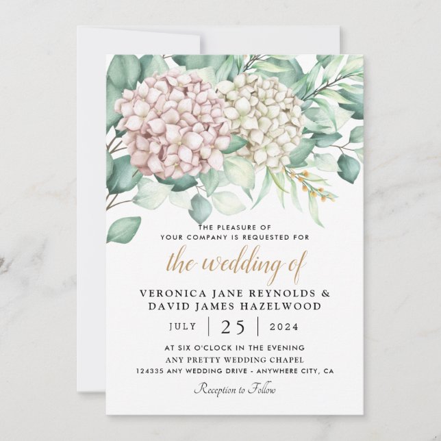 Hydrangea Elegant White Green Rose Floral Wedding Invitation (Front)