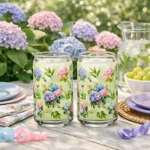 Hydrangea Floral Blue and Pink Set Drinkware Can Glass
