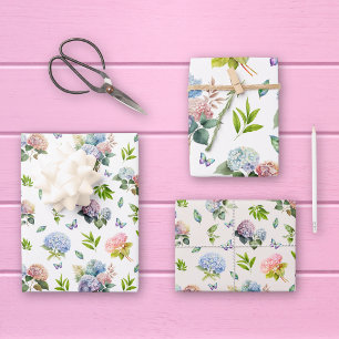 Hydrangea Floral Blue and Pink Set of 3 Wrapping Paper Sheet