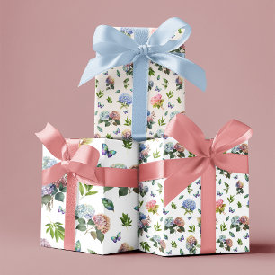 Hydrangea Floral Blue and Pink Set of 3 Wrapping Paper Sheet
