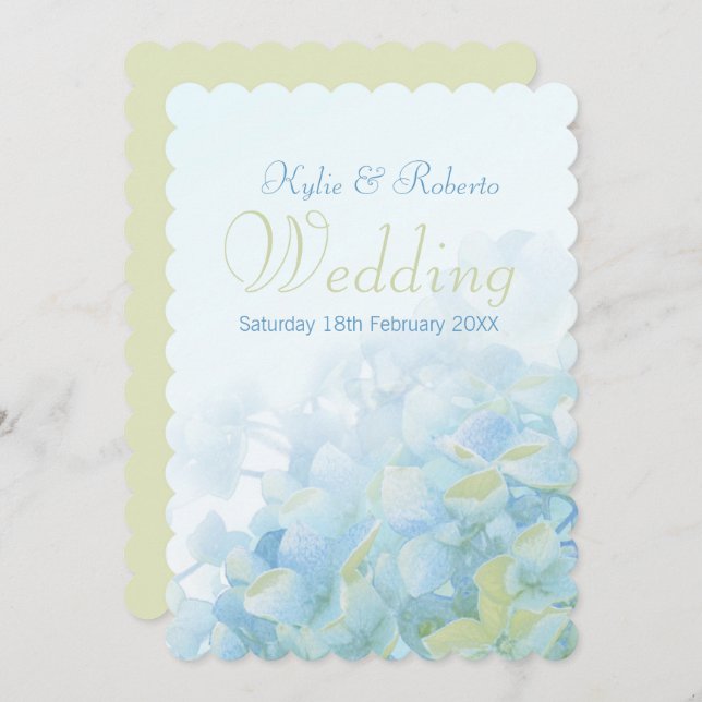 Hydrangea floral blue green wedding invitation (Front/Back)