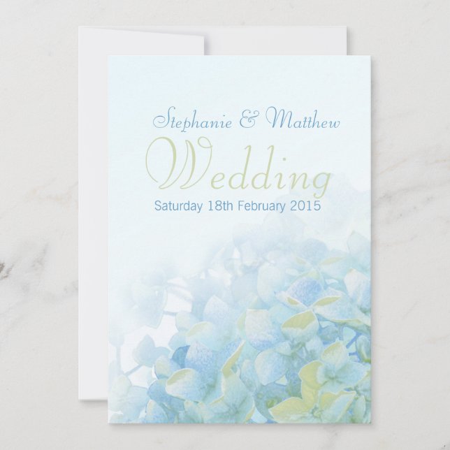 Hydrangea floral blue green wedding invitation (Front)