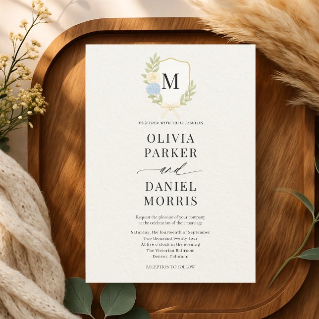 Hydrangea Floral Crest Monogram Wedding Invitation (Creator Uploaded)