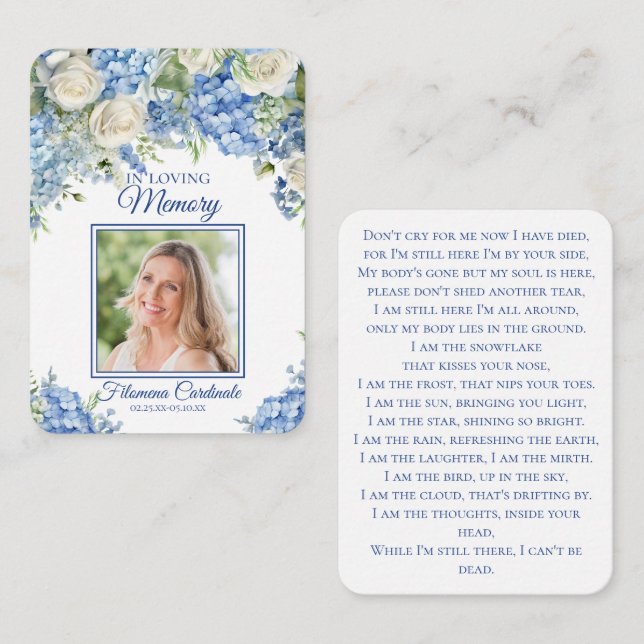 Hydrangea Floral Memorial Funeral Photo Prayer Enclosure Card (Front/Back)