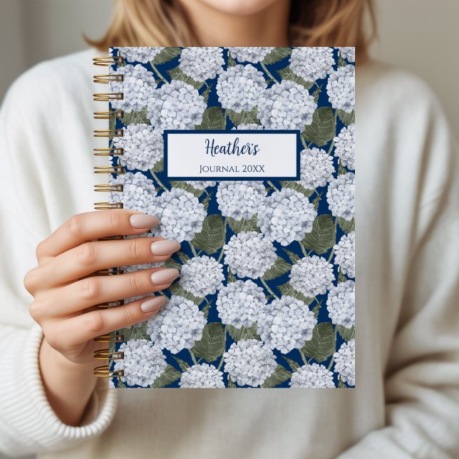 Hydrangea Floral Personalised Journal Notebook (Hydrangea Garden Navy Notebook)