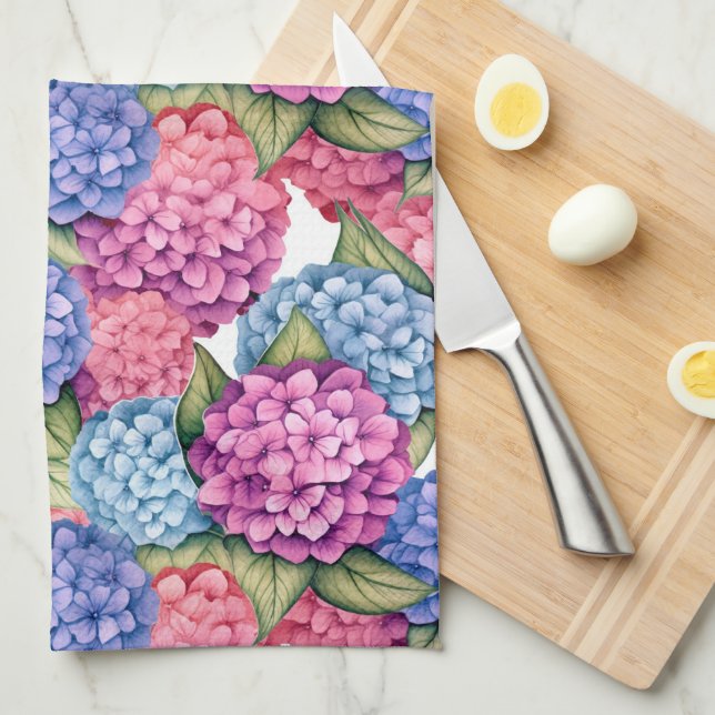 Hydrangea Floral Pink Blue Tea Towel (Quarter Fold)