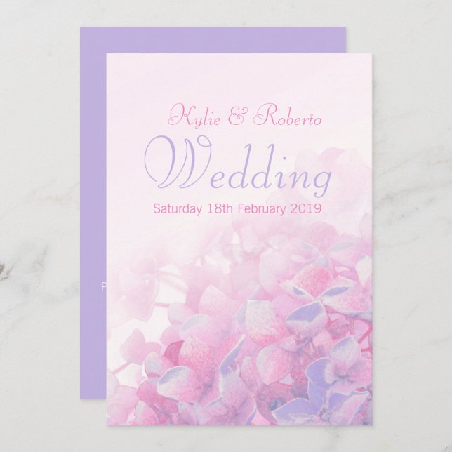 Hydrangea floral pink purple wedding invitation (Front/Back)