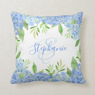 Hydrangea Floral Watercolor Monogram Cushion