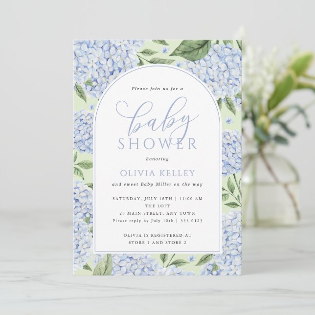 Hydrangea Flower Arch Green and Blue Baby Shower Invitation (Standing Front)