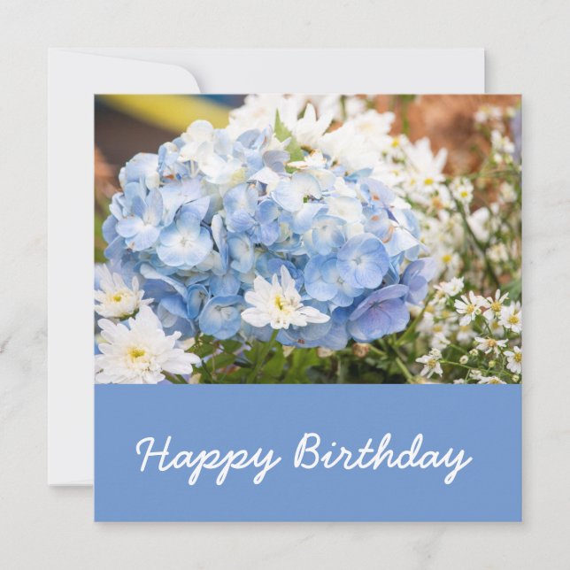 Hydrangea flower blue colour background birthday card (Front)