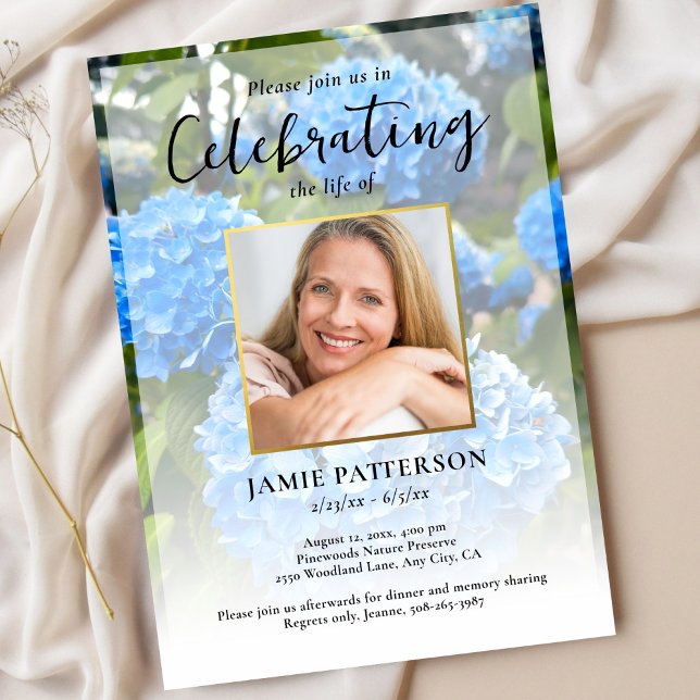 Hydrangea Flower Life Celebration Photo Funeral  Invitation (Creator Uploaded)