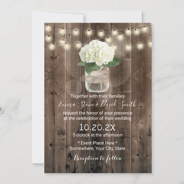 Hydrangea Flower Mason Jar Rustic Barn Wedding Invitation (Front)