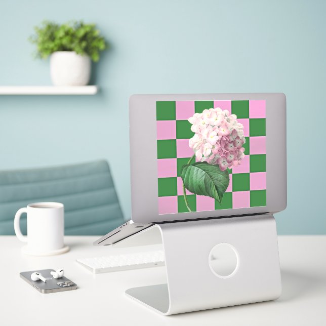 Hydrangea Flower on fun Chequered Sticker (Laptop On Desk)