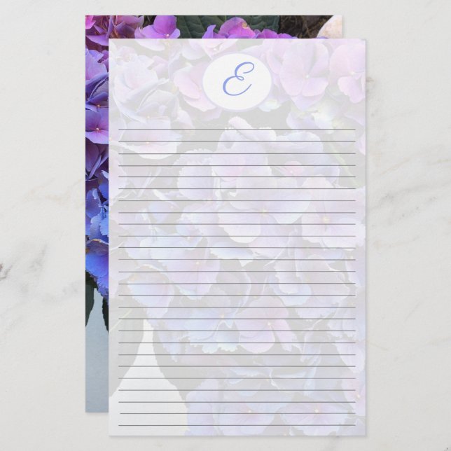 Hydrangea Flowers Bckground Monogram Initial Stationery (Front/Back)