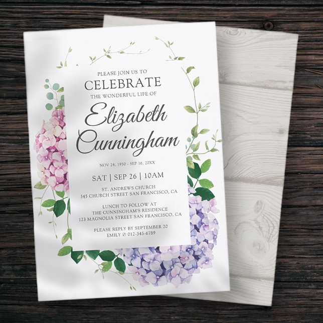 Hydrangea Flowers Foliage Woodsy Modern Memorial Invitation (Creator Uploaded)