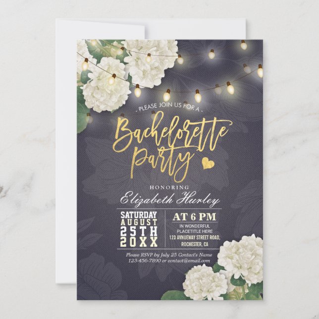 Hydrangea Flowers String Lights Bachelorette Party Invitation (Front)