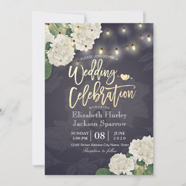 Hydrangea Flowers String Lights Navy Blue Wedding Invitation (Front)