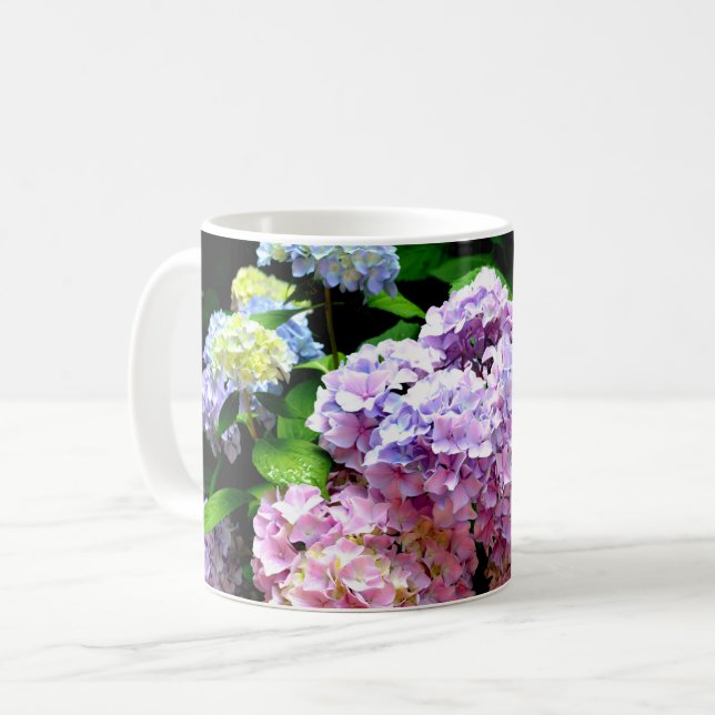 Hydrangea garden, pink, blue, purple floral coffee mug (Front Left)