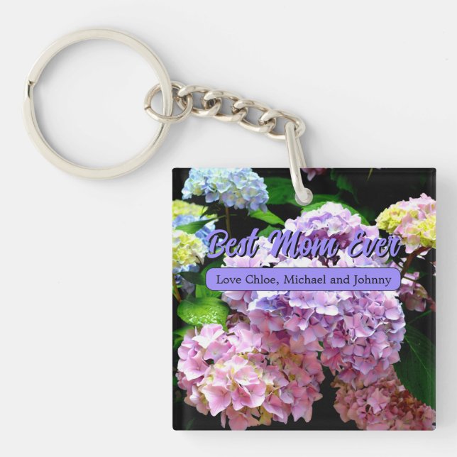 Hydrangea garden pink blue purple floral mum gift key ring (Front)