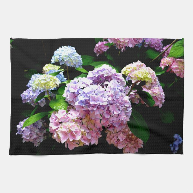 Hydrangea garden, pink, blue, purple floral tea towel (Horizontal)