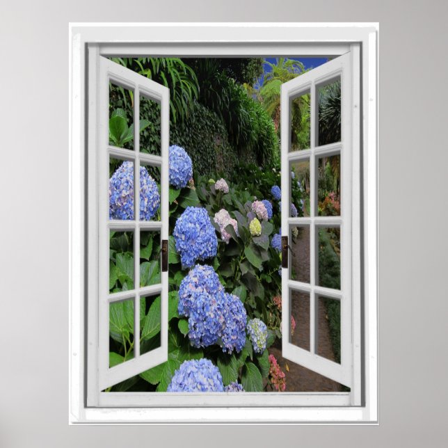 Hydrangea Garden View Fake Window Poster (Front)