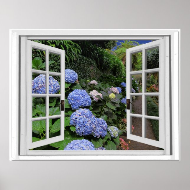 Hydrangea Garden View Faux Window Poster (Front)