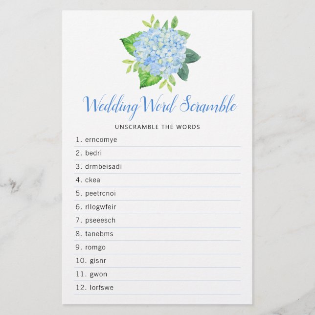 Hydrangea Geometric Bridal Shower Word Game (Front)
