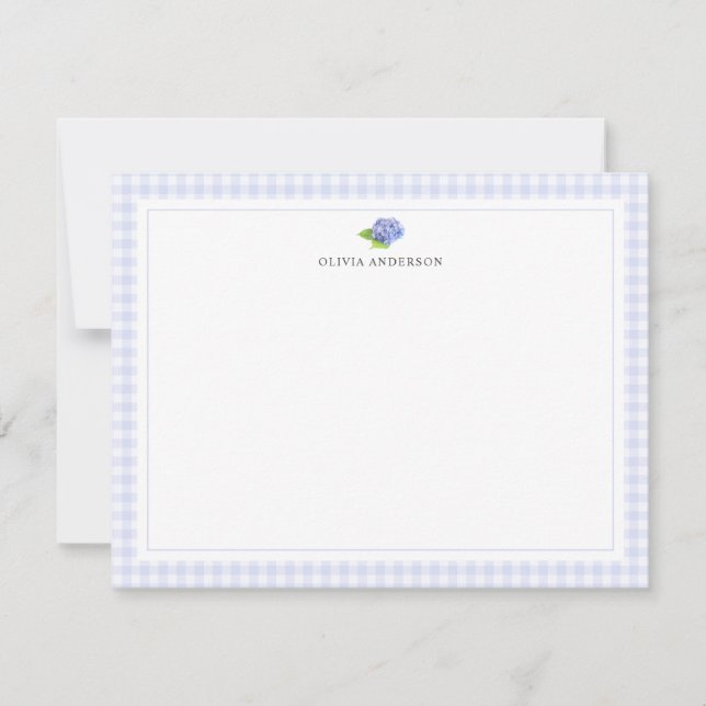 Hydrangea Gingham Border Personalised Stationery Card (Front)