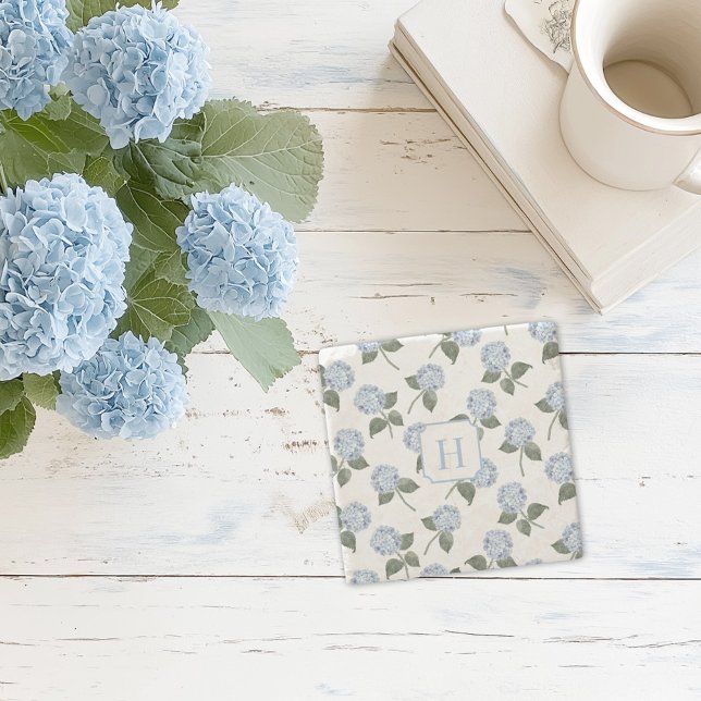 Hydrangea Hamptons Blue Flowers Monogram Stone Coaster (blue hydrangea monogram stone drinks coaster)