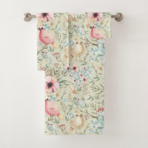 Hydrangea Hearts and Baby Birds Floral Bath Towels