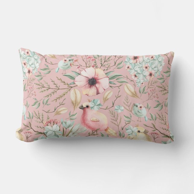 Hydrangea Hearts, Birdies Dusty Pink Lumbar Pillow (Front)