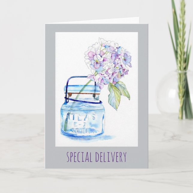 Hydrangea in Jar Watercolor 5x7 Folded Card (Front)