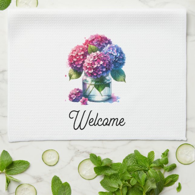 Hydrangea Jar Vase Watercolor Kitchen Towel (Folded)
