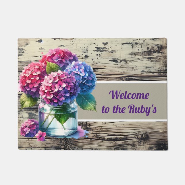 Hydrangea Jar Vase Watercolor Rustic Wood Doormat (Front)