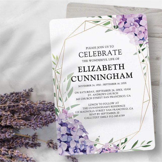 Hydrangea Lilac Floral Geometric Memorial Invitation (Creator Uploaded)