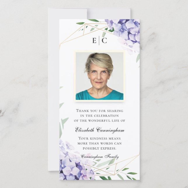 Hydrangea Lilac Floral Geometric Memorial Thank You Card (Front)