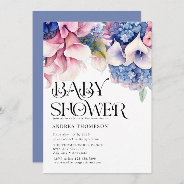 Hydrangea | Lilies Floral | Watercolor Baby Shower Invitation (Front/Back)
