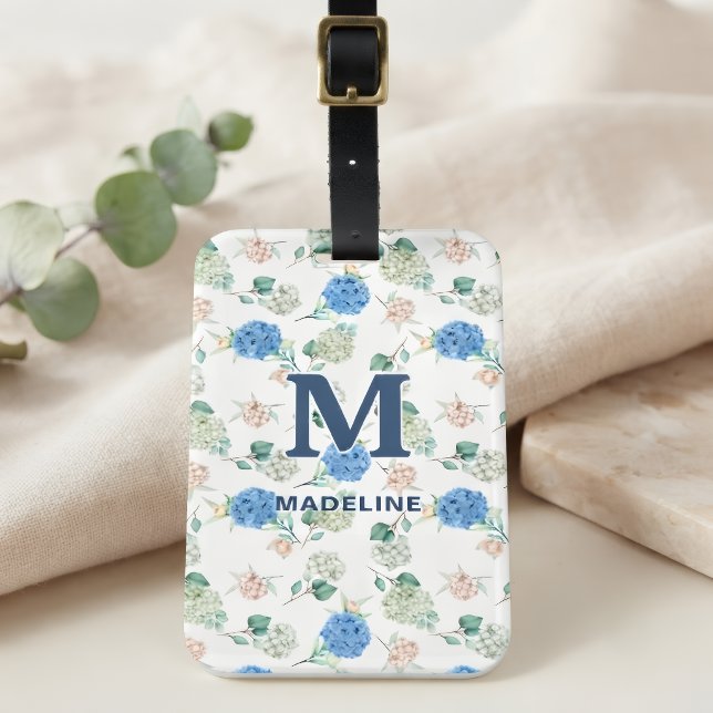 Hydrangea Luggage Tag Monogram Blue Floral (Creator Uploaded)