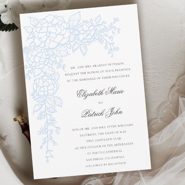 Hydrangea Luminous Blue Formal Classic Wedding Invitation (hydrangea wedding invitation formal traditional modern classic art sketch parents host blue)