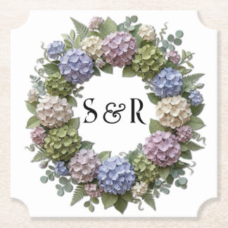 Hydrangea Monogram Wreath Wedding Paper Coaster