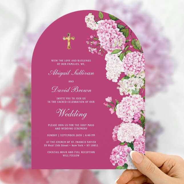Hydrangea on Pink Arch Religious Wedding Invitation (Creator Uploaded)