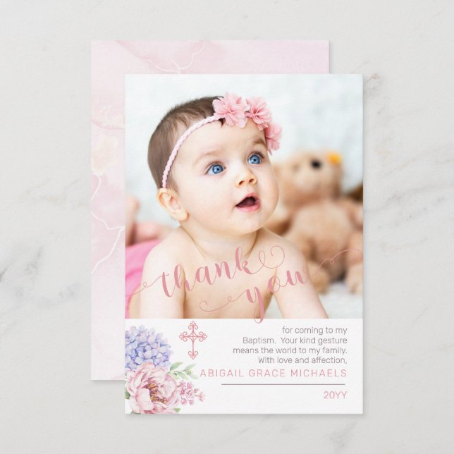 Hydrangea | Peony Blooms Baptism Photo Thank You (Front/Back)