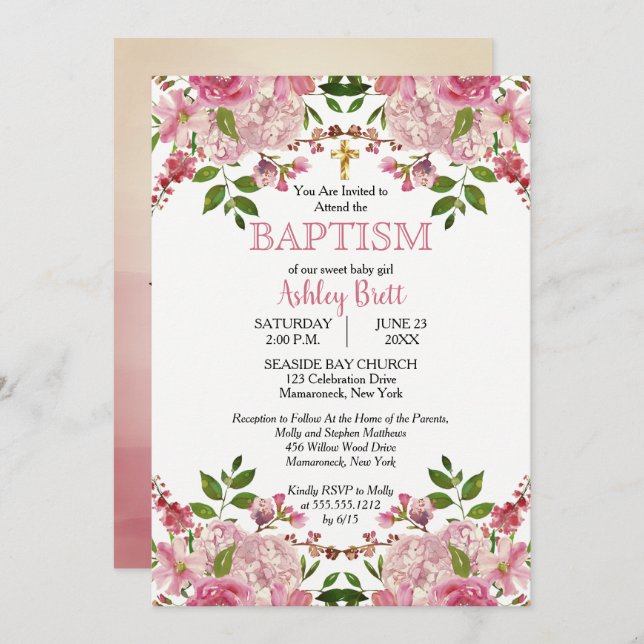 Hydrangea Pink Floral Watercolor Girl Baptism Invitation (Front/Back)