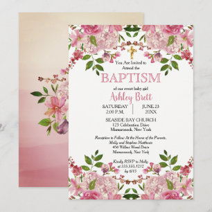 Hydrangea Pink Floral Watercolor Girl Baptism Invitation