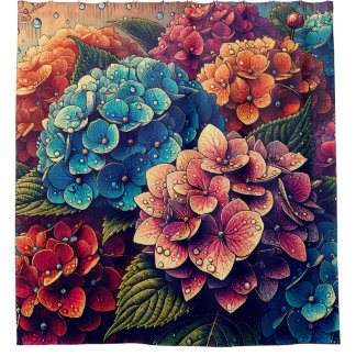 “Hydrangea Raindrop Floral Art” Shower Curtain