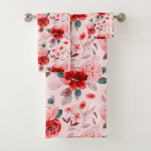 Hydrangea Red Flower Pattern Bath Towel Set