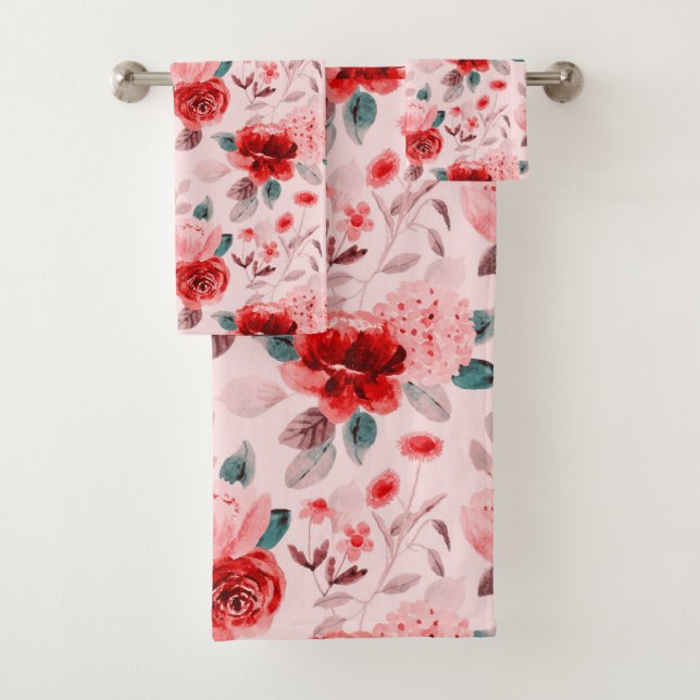 Hydrangea Red Flower Pattern Bath Towel Set (Insitu)