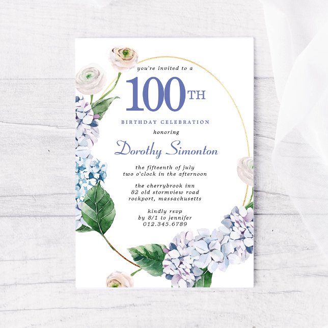Hydrangea Rose 100th Birthday Party  Invitation (Creator Uploaded)
