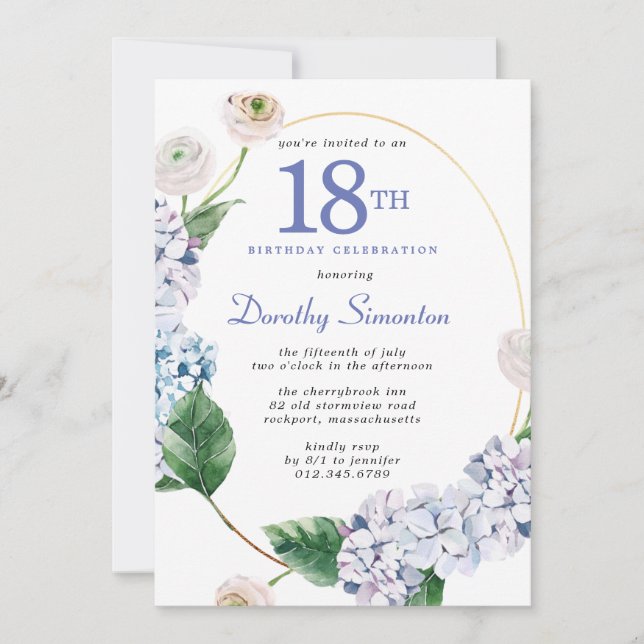 Hydrangea Rose 18th Birthday Party  Invitation (Front)